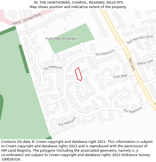 76, THE HAWTHORNS, CHARVIL, READING, RG10 9TS: Location map and indicative extent of plot