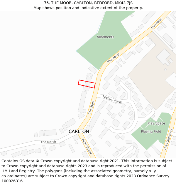 76, THE MOOR, CARLTON, BEDFORD, MK43 7JS: Location map and indicative extent of plot