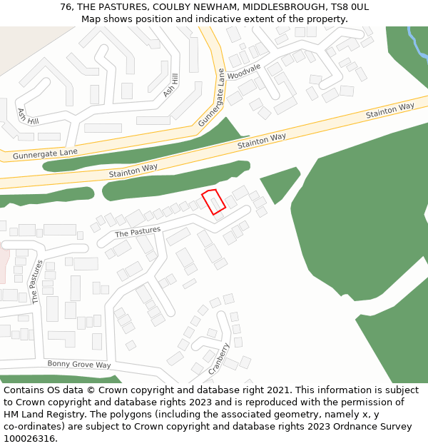 76, THE PASTURES, COULBY NEWHAM, MIDDLESBROUGH, TS8 0UL: Location map and indicative extent of plot
