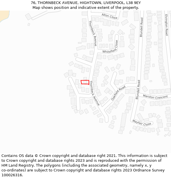 76, THORNBECK AVENUE, HIGHTOWN, LIVERPOOL, L38 9EY: Location map and indicative extent of plot