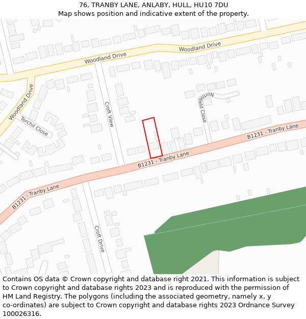 76, TRANBY LANE, ANLABY, HULL, HU10 7DU: Location map and indicative extent of plot