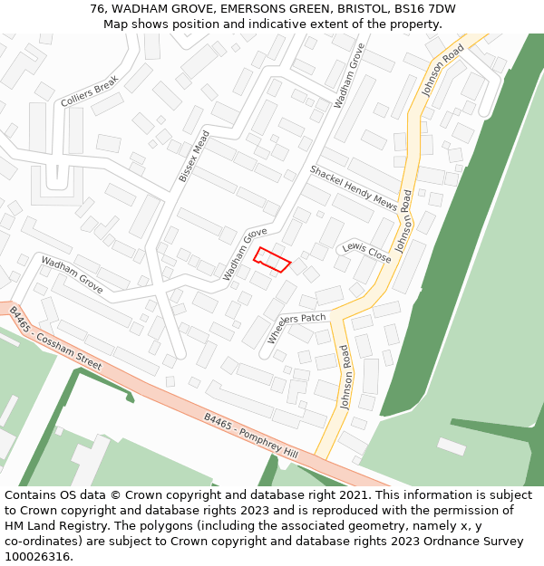 76, WADHAM GROVE, EMERSONS GREEN, BRISTOL, BS16 7DW: Location map and indicative extent of plot