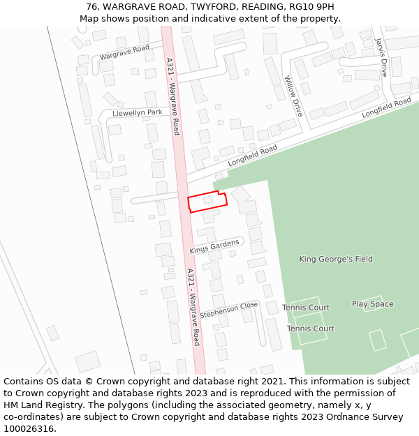 76, WARGRAVE ROAD, TWYFORD, READING, RG10 9PH: Location map and indicative extent of plot
