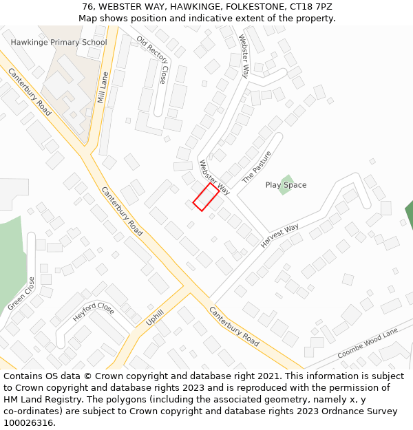 76, WEBSTER WAY, HAWKINGE, FOLKESTONE, CT18 7PZ: Location map and indicative extent of plot