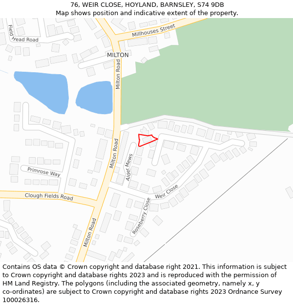 76, WEIR CLOSE, HOYLAND, BARNSLEY, S74 9DB: Location map and indicative extent of plot