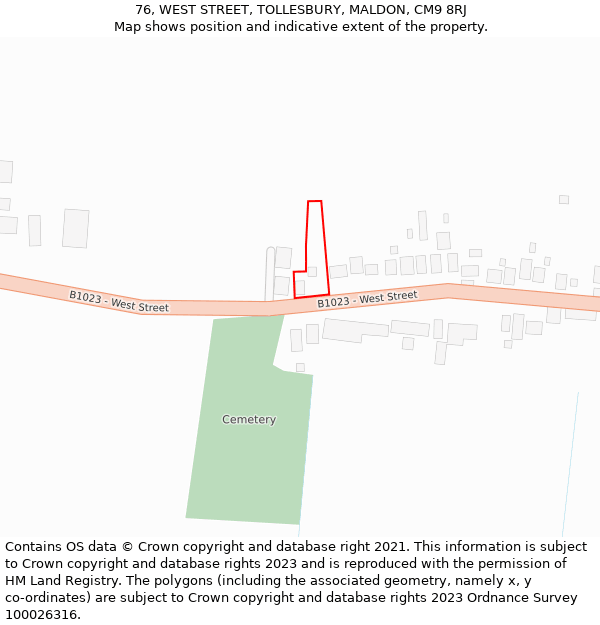 76, WEST STREET, TOLLESBURY, MALDON, CM9 8RJ: Location map and indicative extent of plot