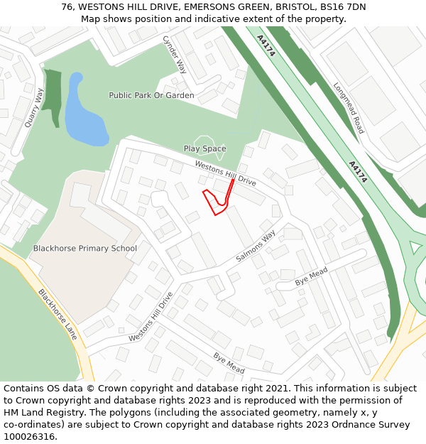 76, WESTONS HILL DRIVE, EMERSONS GREEN, BRISTOL, BS16 7DN: Location map and indicative extent of plot