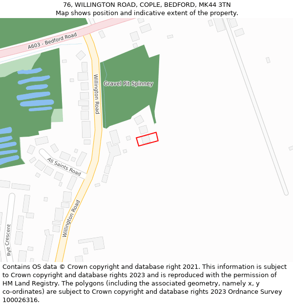 76, WILLINGTON ROAD, COPLE, BEDFORD, MK44 3TN: Location map and indicative extent of plot
