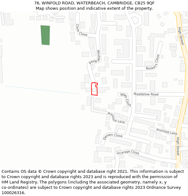 76, WINFOLD ROAD, WATERBEACH, CAMBRIDGE, CB25 9QF: Location map and indicative extent of plot