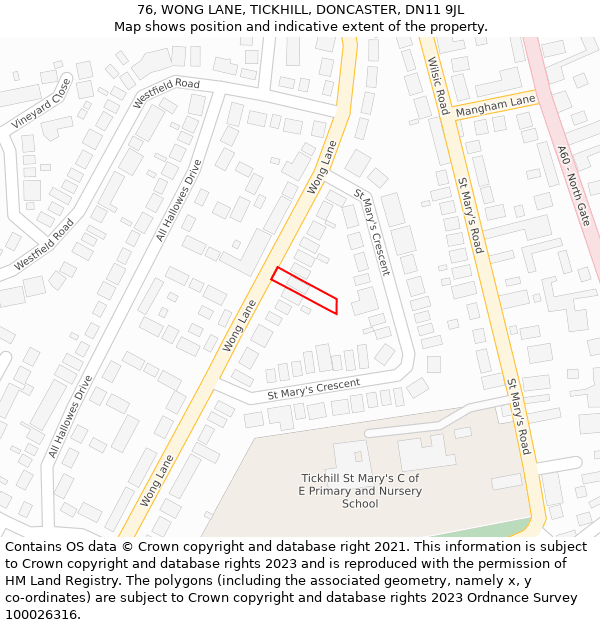 76, WONG LANE, TICKHILL, DONCASTER, DN11 9JL: Location map and indicative extent of plot