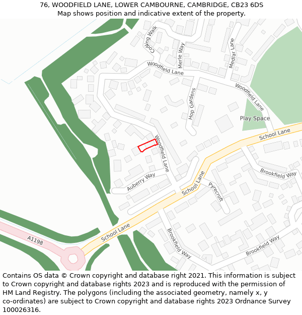 76, WOODFIELD LANE, LOWER CAMBOURNE, CAMBRIDGE, CB23 6DS: Location map and indicative extent of plot