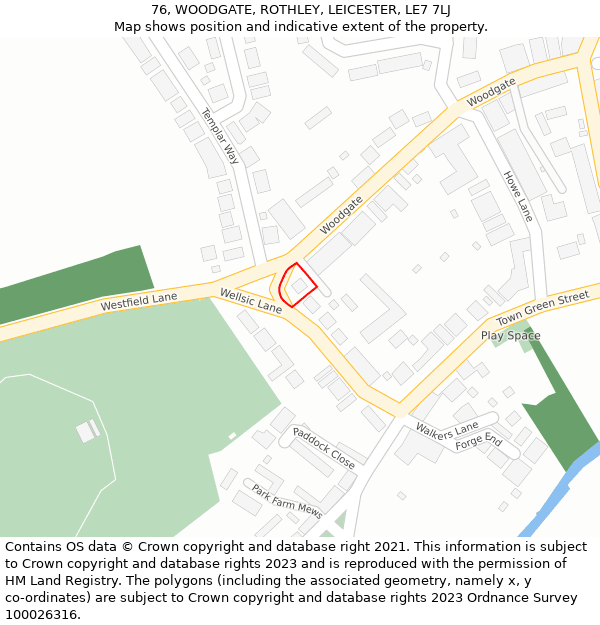 76, WOODGATE, ROTHLEY, LEICESTER, LE7 7LJ: Location map and indicative extent of plot