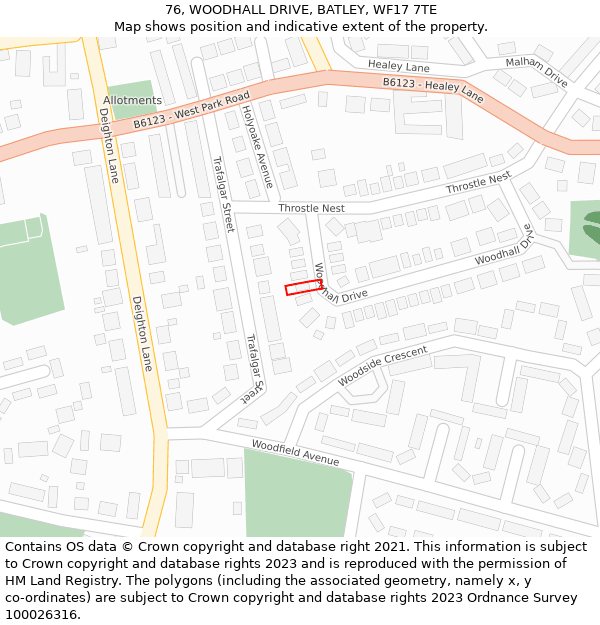 76, WOODHALL DRIVE, BATLEY, WF17 7TE: Location map and indicative extent of plot