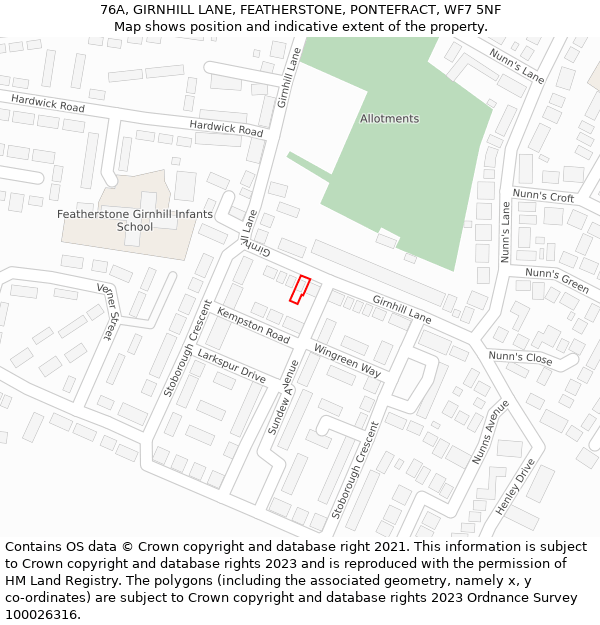 76A, GIRNHILL LANE, FEATHERSTONE, PONTEFRACT, WF7 5NF: Location map and indicative extent of plot