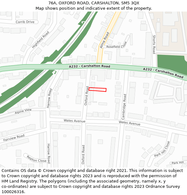 76A, OXFORD ROAD, CARSHALTON, SM5 3QX: Location map and indicative extent of plot