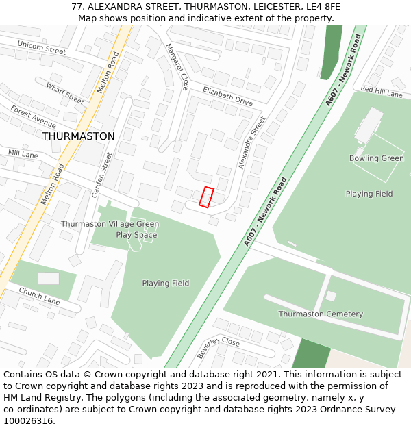 77, ALEXANDRA STREET, THURMASTON, LEICESTER, LE4 8FE: Location map and indicative extent of plot