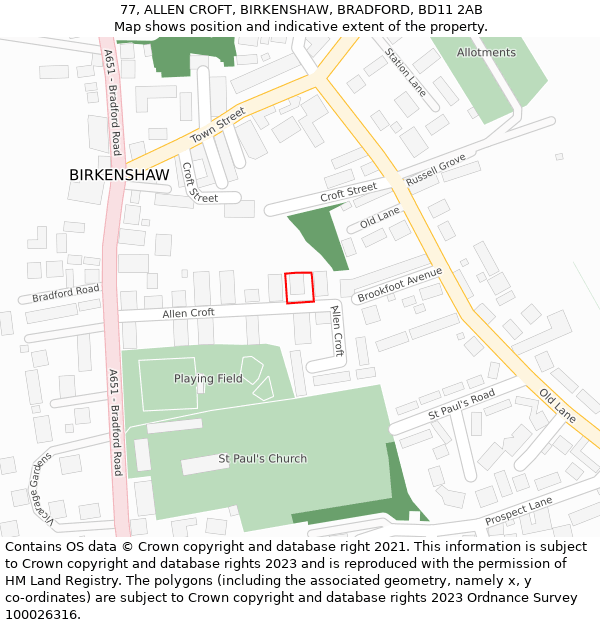 77, ALLEN CROFT, BIRKENSHAW, BRADFORD, BD11 2AB: Location map and indicative extent of plot