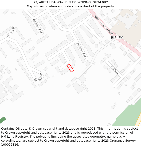 77, ARETHUSA WAY, BISLEY, WOKING, GU24 9BY: Location map and indicative extent of plot