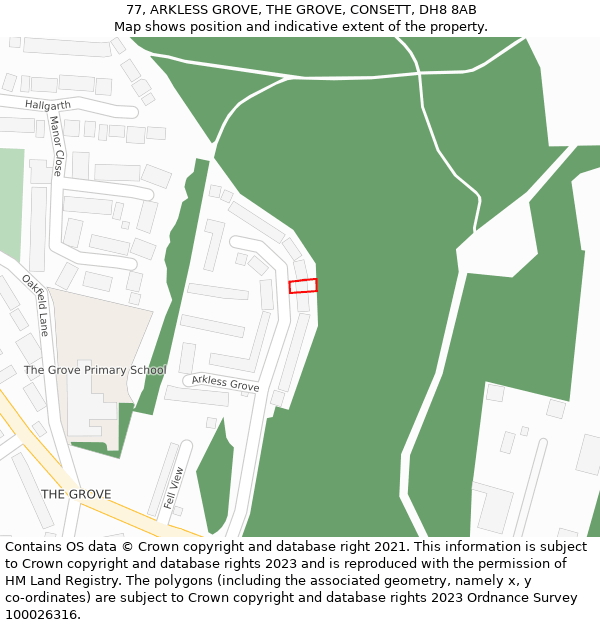 77, ARKLESS GROVE, THE GROVE, CONSETT, DH8 8AB: Location map and indicative extent of plot