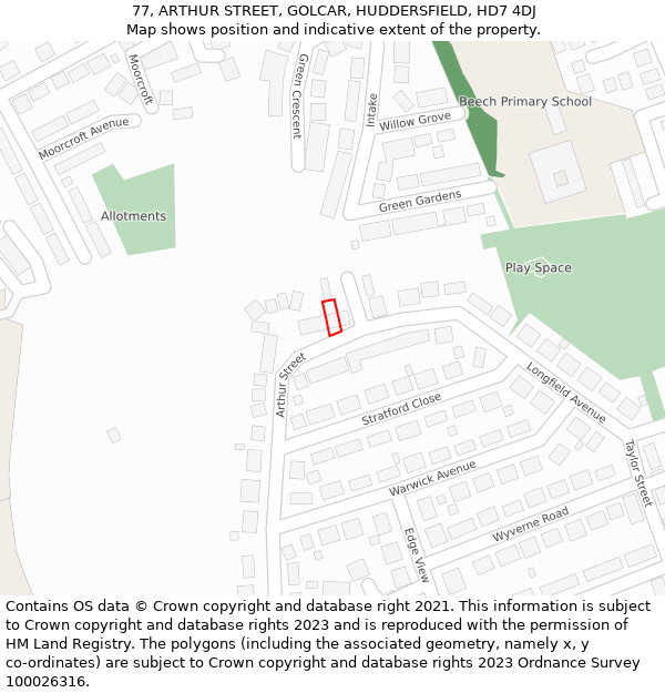 77, ARTHUR STREET, GOLCAR, HUDDERSFIELD, HD7 4DJ: Location map and indicative extent of plot