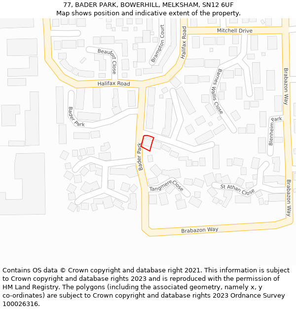 77, BADER PARK, BOWERHILL, MELKSHAM, SN12 6UF: Location map and indicative extent of plot