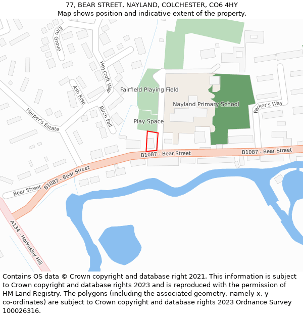 77, BEAR STREET, NAYLAND, COLCHESTER, CO6 4HY: Location map and indicative extent of plot