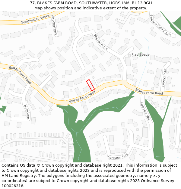 77, BLAKES FARM ROAD, SOUTHWATER, HORSHAM, RH13 9GH: Location map and indicative extent of plot