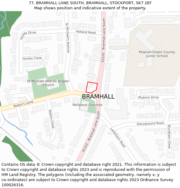 77, BRAMHALL LANE SOUTH, BRAMHALL, STOCKPORT, SK7 2EF: Location map and indicative extent of plot