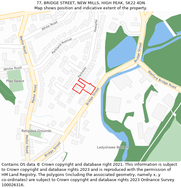 77, BRIDGE STREET, NEW MILLS, HIGH PEAK, SK22 4DN: Location map and indicative extent of plot
