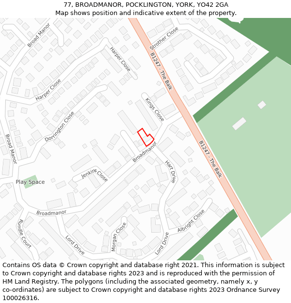 77, BROADMANOR, POCKLINGTON, YORK, YO42 2GA: Location map and indicative extent of plot