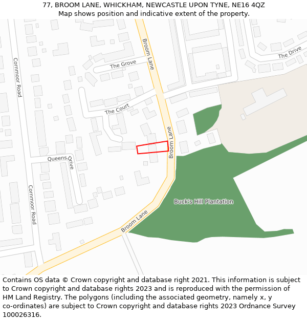 77, BROOM LANE, WHICKHAM, NEWCASTLE UPON TYNE, NE16 4QZ: Location map and indicative extent of plot