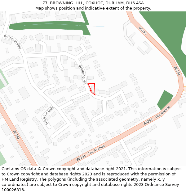 77, BROWNING HILL, COXHOE, DURHAM, DH6 4SA: Location map and indicative extent of plot