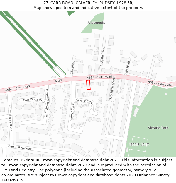 77, CARR ROAD, CALVERLEY, PUDSEY, LS28 5RJ: Location map and indicative extent of plot