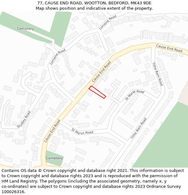 77, CAUSE END ROAD, WOOTTON, BEDFORD, MK43 9DE: Location map and indicative extent of plot