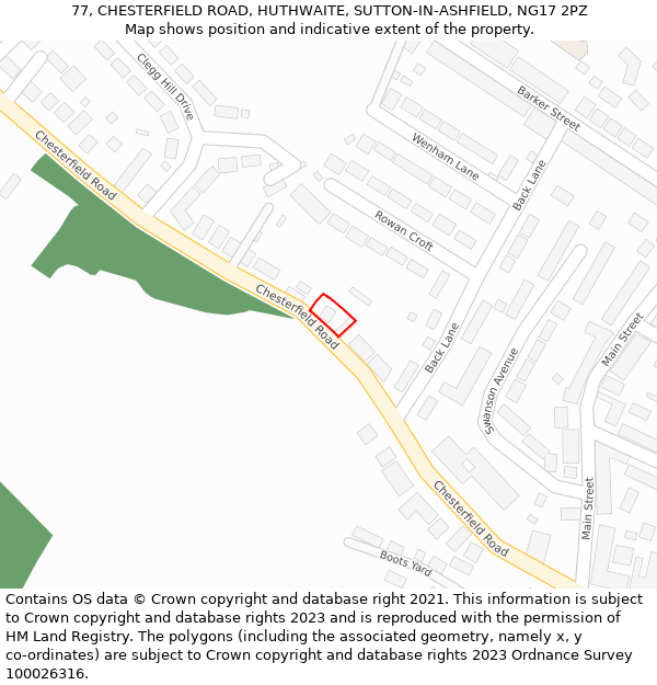 77, CHESTERFIELD ROAD, HUTHWAITE, SUTTON-IN-ASHFIELD, NG17 2PZ: Location map and indicative extent of plot