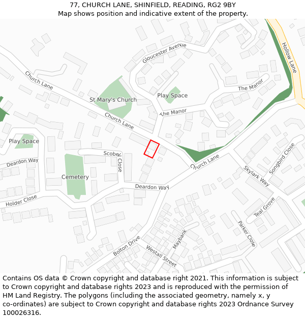 77, CHURCH LANE, SHINFIELD, READING, RG2 9BY: Location map and indicative extent of plot