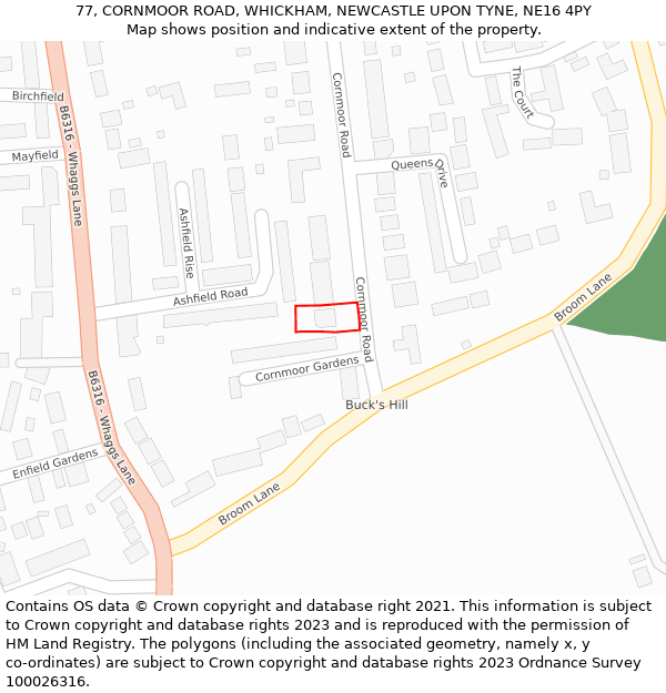 77, CORNMOOR ROAD, WHICKHAM, NEWCASTLE UPON TYNE, NE16 4PY: Location map and indicative extent of plot