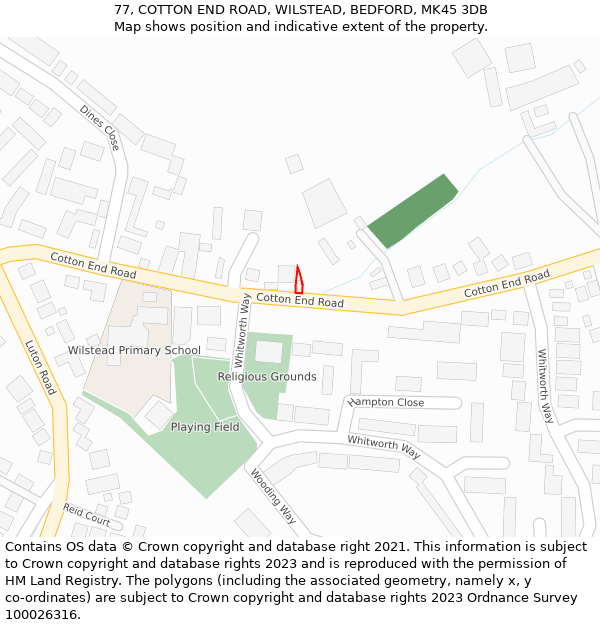 77, COTTON END ROAD, WILSTEAD, BEDFORD, MK45 3DB: Location map and indicative extent of plot