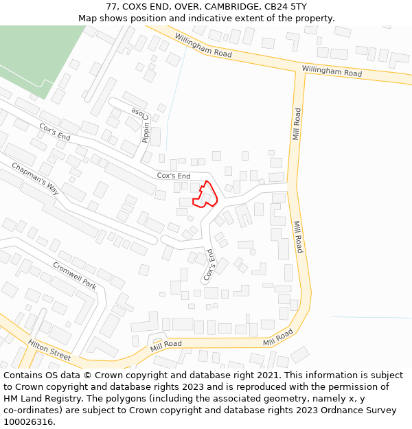 77, COXS END, OVER, CAMBRIDGE, CB24 5TY: Location map and indicative extent of plot