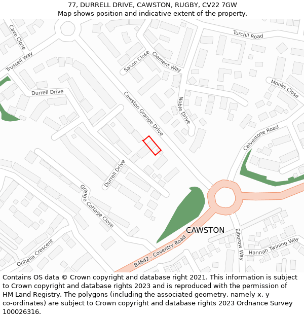 77, DURRELL DRIVE, CAWSTON, RUGBY, CV22 7GW: Location map and indicative extent of plot