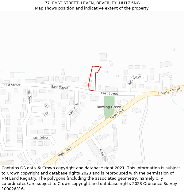 77, EAST STREET, LEVEN, BEVERLEY, HU17 5NG: Location map and indicative extent of plot