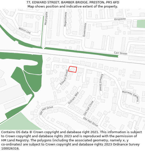 77, EDWARD STREET, BAMBER BRIDGE, PRESTON, PR5 6FD: Location map and indicative extent of plot