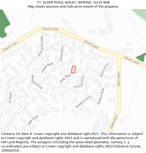 77, ELDER ROAD, BISLEY, WOKING, GU24 9HB: Location map and indicative extent of plot