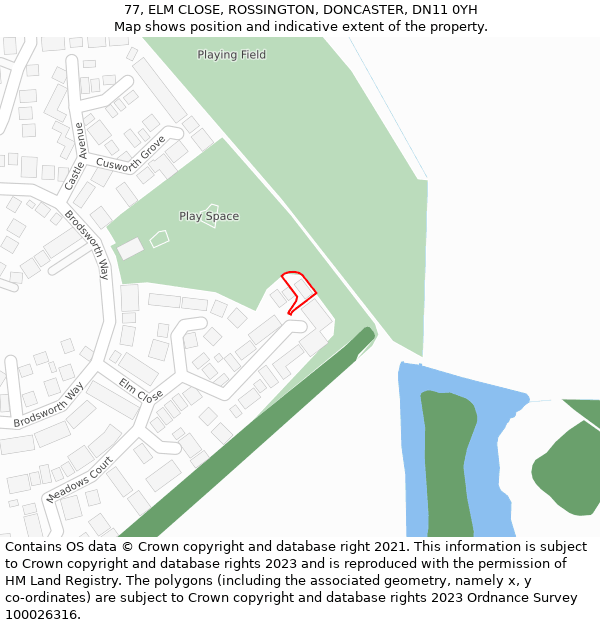 77, ELM CLOSE, ROSSINGTON, DONCASTER, DN11 0YH: Location map and indicative extent of plot
