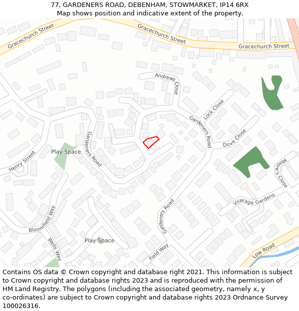 77, GARDENERS ROAD, DEBENHAM, STOWMARKET, IP14 6RX: Location map and indicative extent of plot