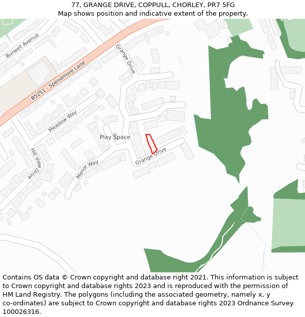 77, GRANGE DRIVE, COPPULL, CHORLEY, PR7 5FG: Location map and indicative extent of plot