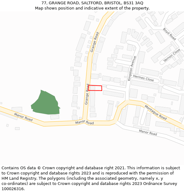 77, GRANGE ROAD, SALTFORD, BRISTOL, BS31 3AQ: Location map and indicative extent of plot