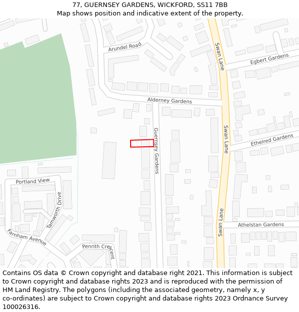 77, GUERNSEY GARDENS, WICKFORD, SS11 7BB: Location map and indicative extent of plot