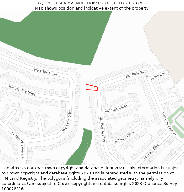 77, HALL PARK AVENUE, HORSFORTH, LEEDS, LS18 5LU: Location map and indicative extent of plot