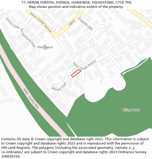 77, HERON FORSTAL AVENUE, HAWKINGE, FOLKESTONE, CT18 7PG: Location map and indicative extent of plot